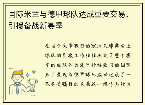 国际米兰与德甲球队达成重要交易，引援备战新赛季