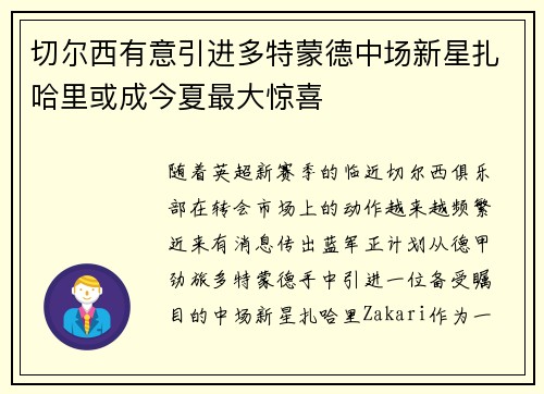 切尔西有意引进多特蒙德中场新星扎哈里或成今夏最大惊喜